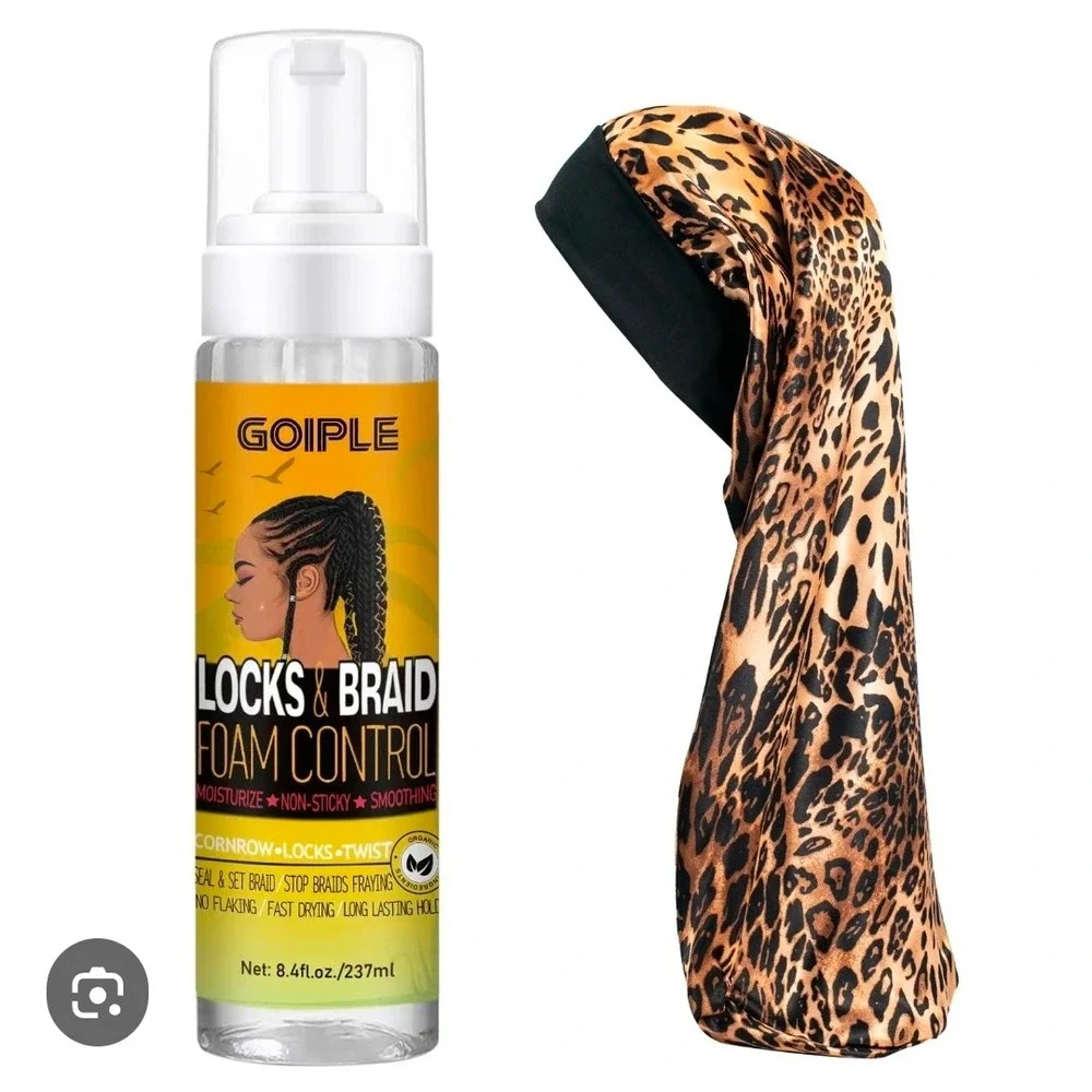 Goiple Locks and Braid Foam Control 8oz with Leopard Print Satin Hair Bonnet Set